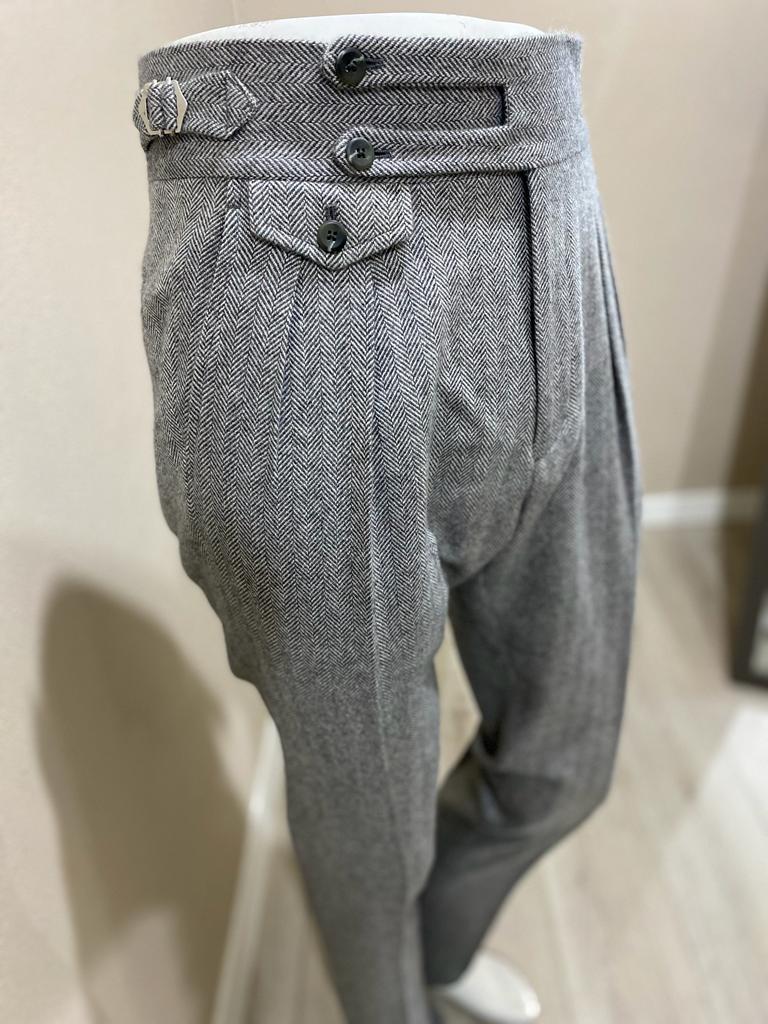 Grey herringbone double forward pleat flannel wool trousers - VBC