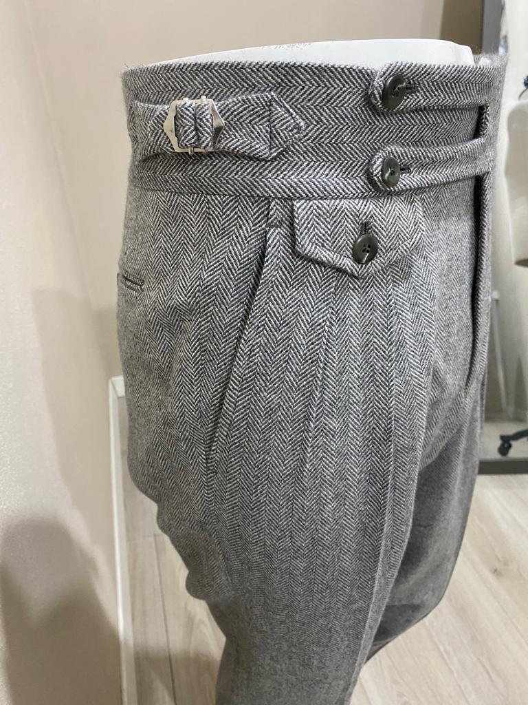 Grey herringbone double forward pleat flannel wool trousers - VBC