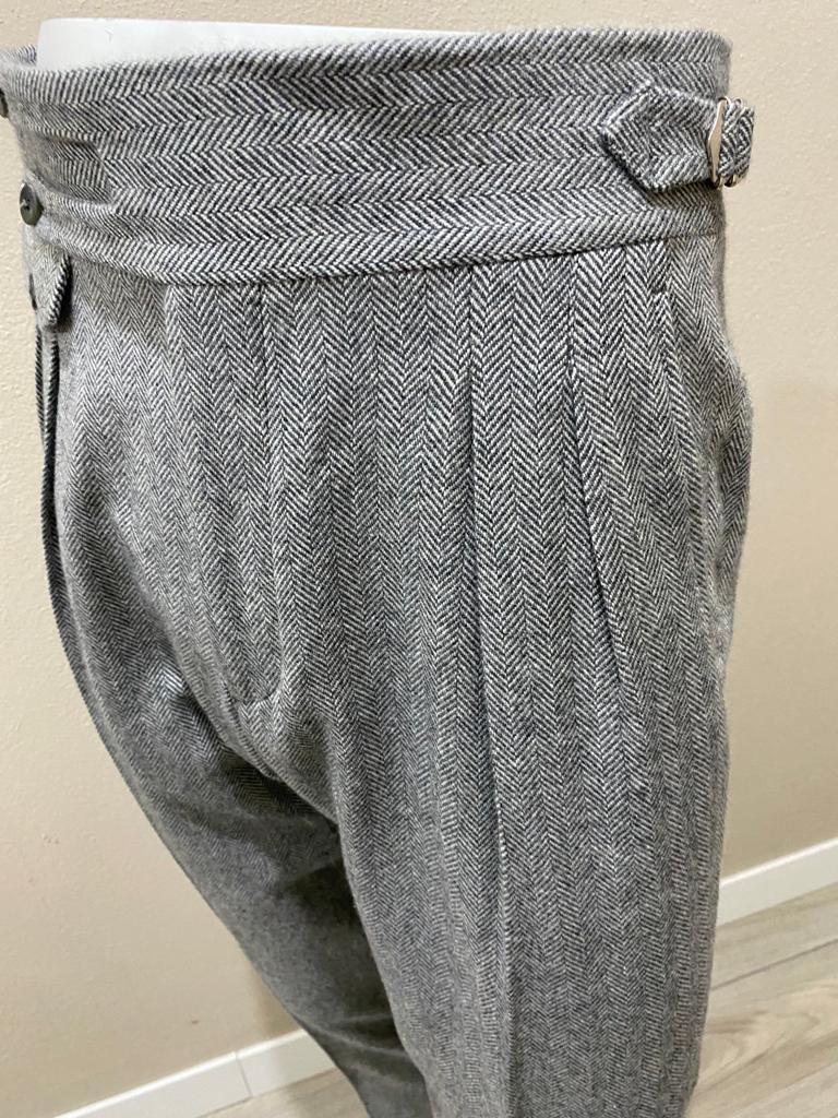 Grey herringbone double forward pleat flannel wool trousers - VBC