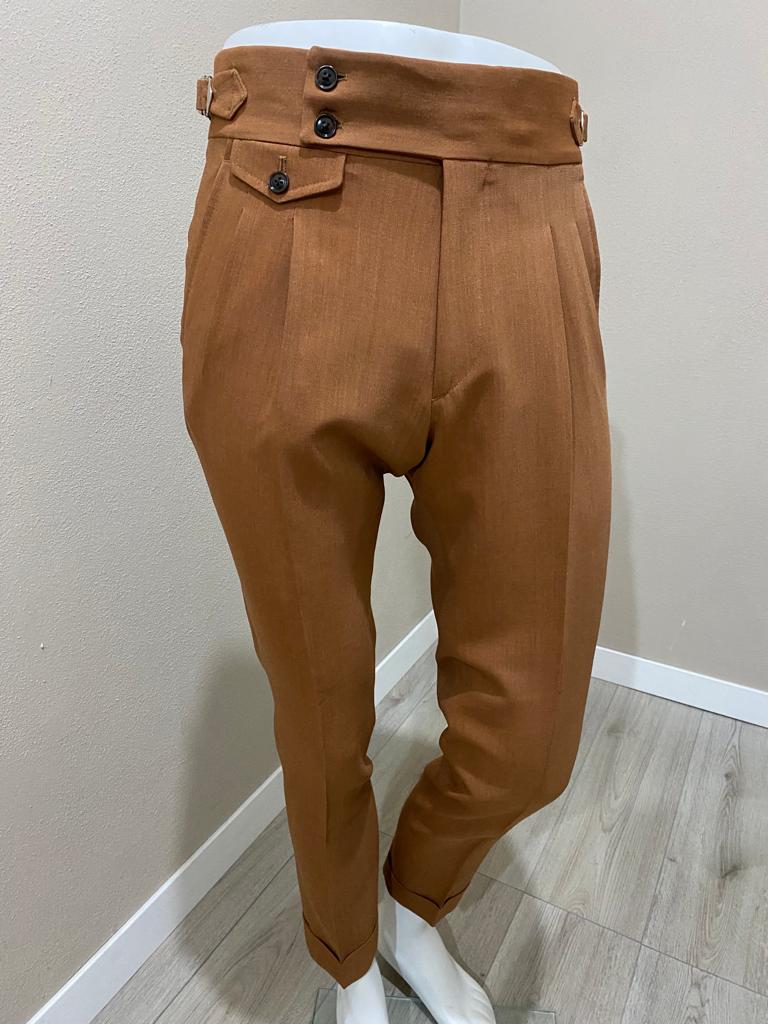 Brown double reverse pleat double button waistband fresco wool trousers -Ariston