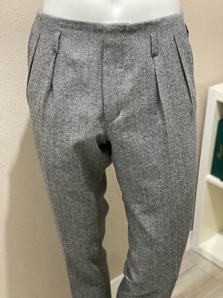 Grey herringbone double forward pleat flannel wool Hollywood trousers - VBC