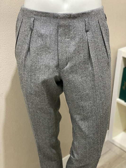 Grey herringbone double forward pleat flannel wool Hollywood trousers - VBC