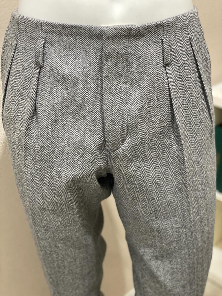 Grey herringbone double forward pleat flannel wool Hollywood trousers - VBC