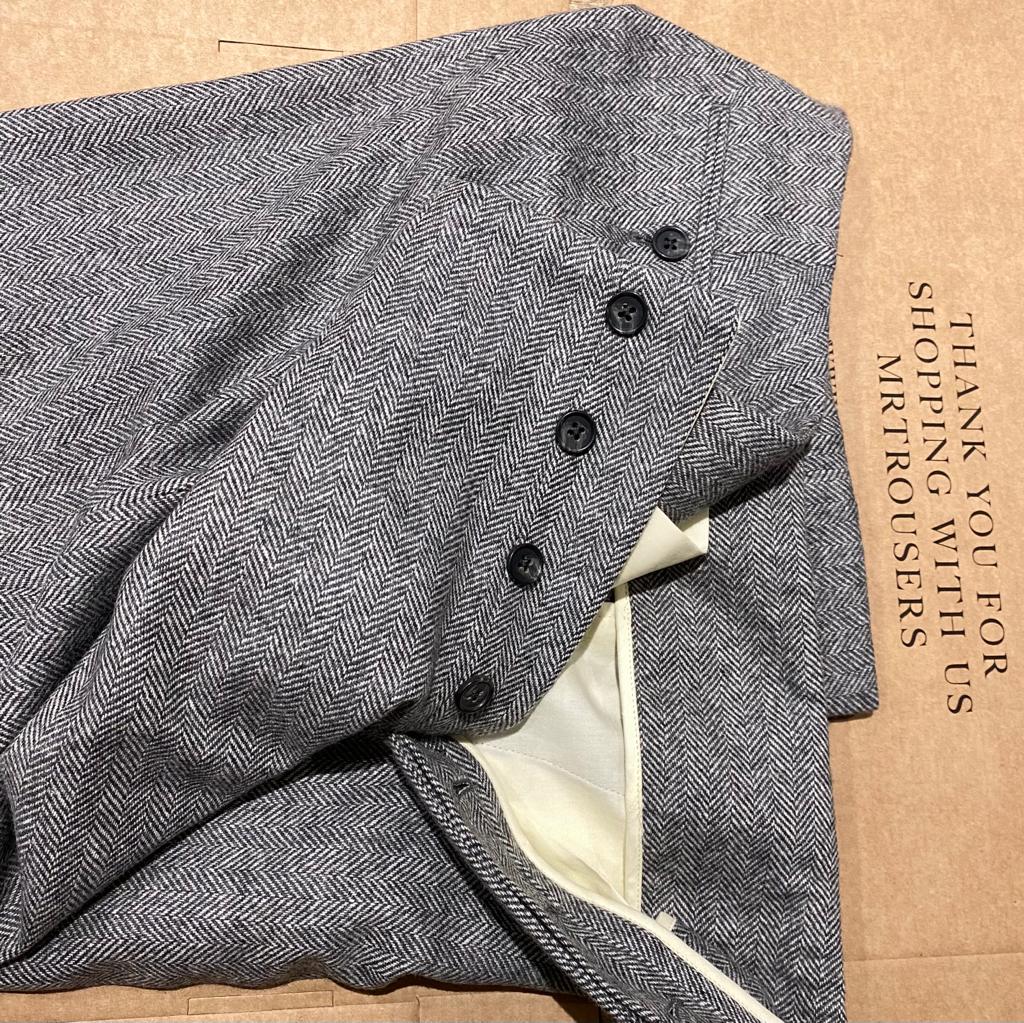Grey herringbone double forward pleat flannel wool Hollywood trousers - VBC