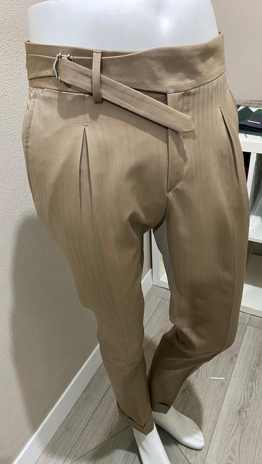 Beige single kissing pleat extended belt waistband solaro wool trousers - VBC
