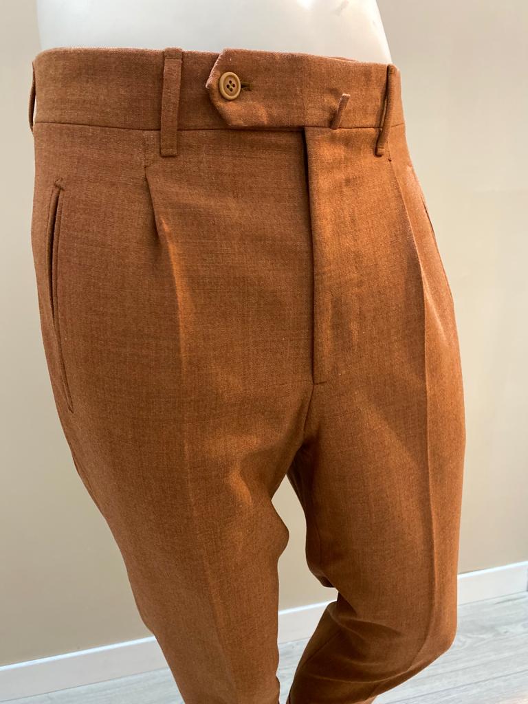 Tobacco brown single reverse pleat extended waistband fresco wool trousers - VBC