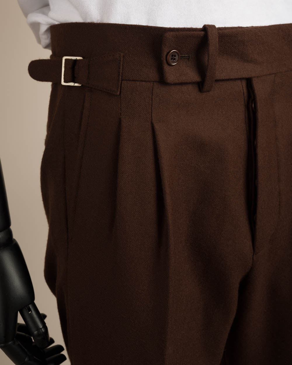 Pantalon laine flanelle double plis inversés marron foncé