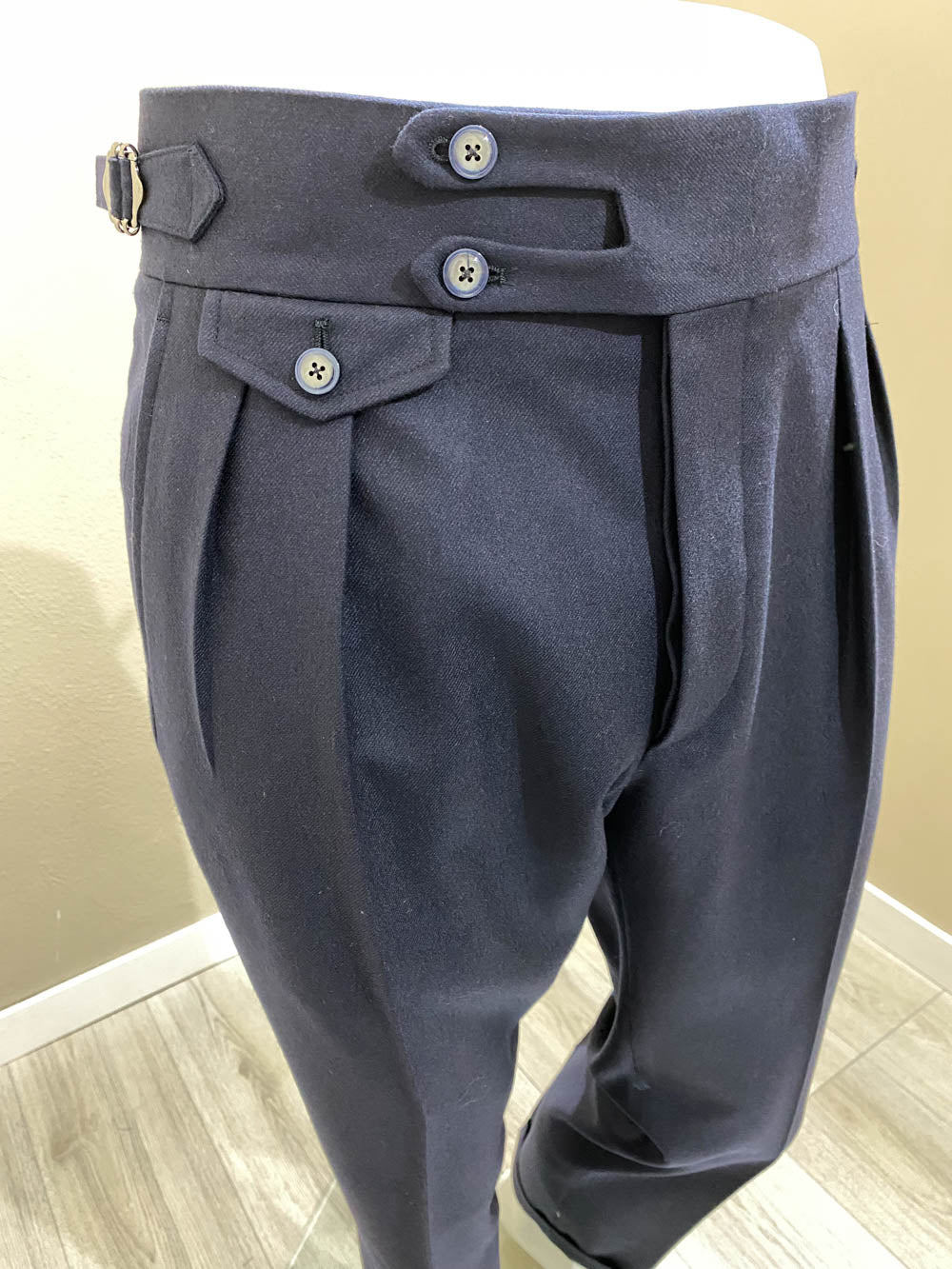Navy double forward pleat split waistband trousers