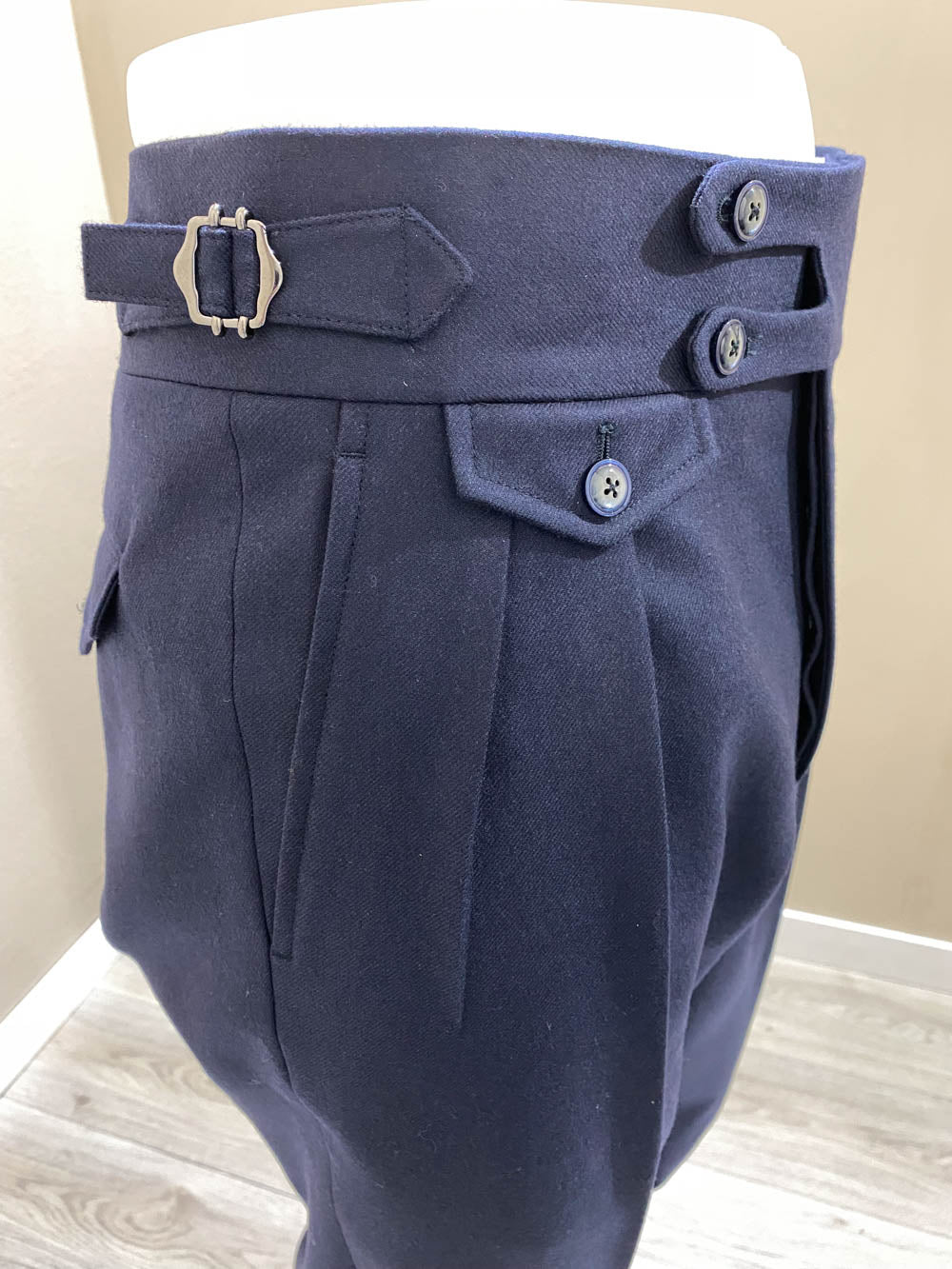 Navy double forward pleat split waistband trousers