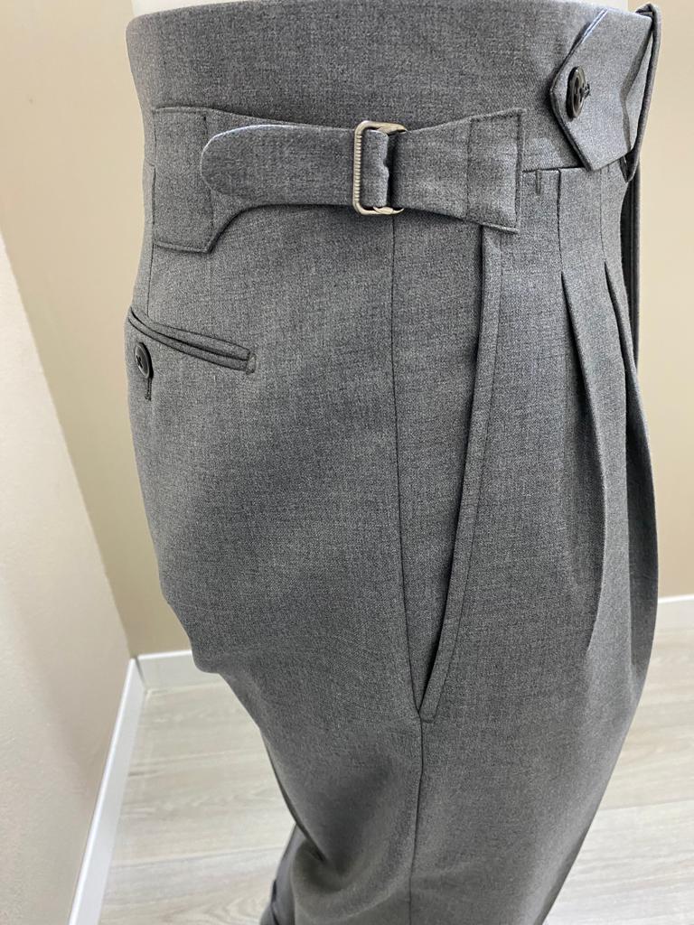 Grey double reverse pleat tall waistband fresco wool trousers -VBC