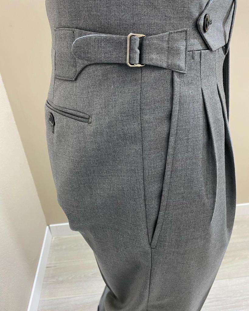 Grey double reverse pleat tall waistband fresco wool trousers -VBC