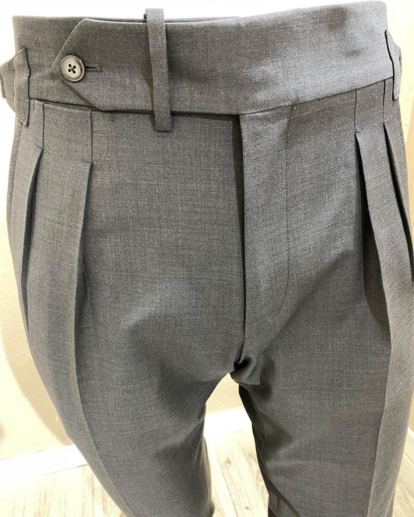 Dark Grey Wool Chevron Trousers with Pleats