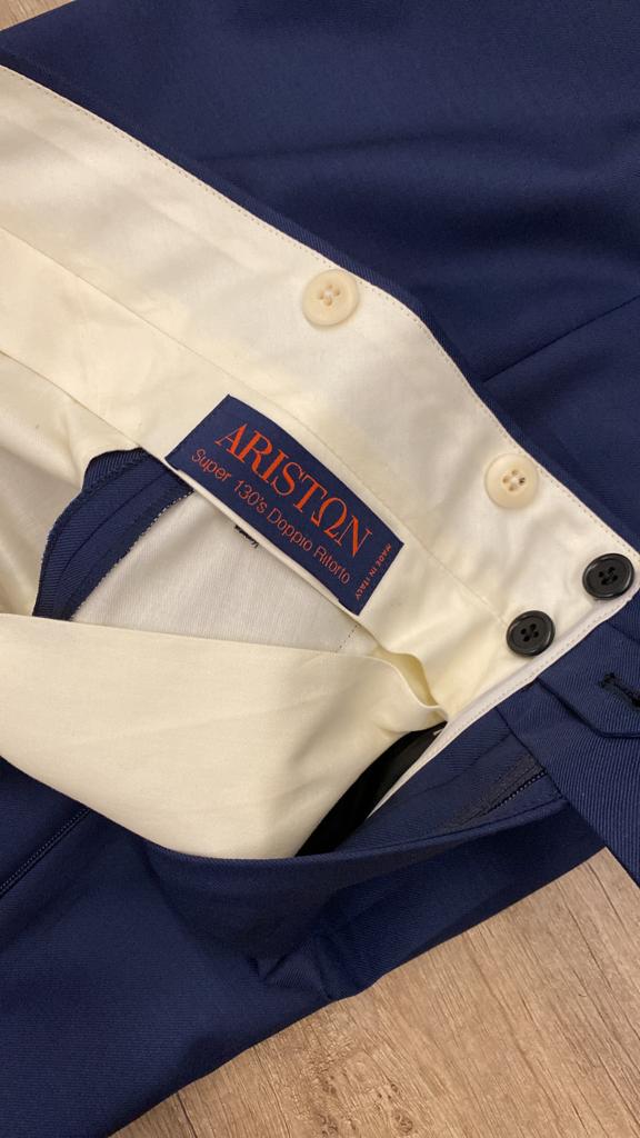 Navy double reverse pleat split waistband fresco wool trousers - Ariston