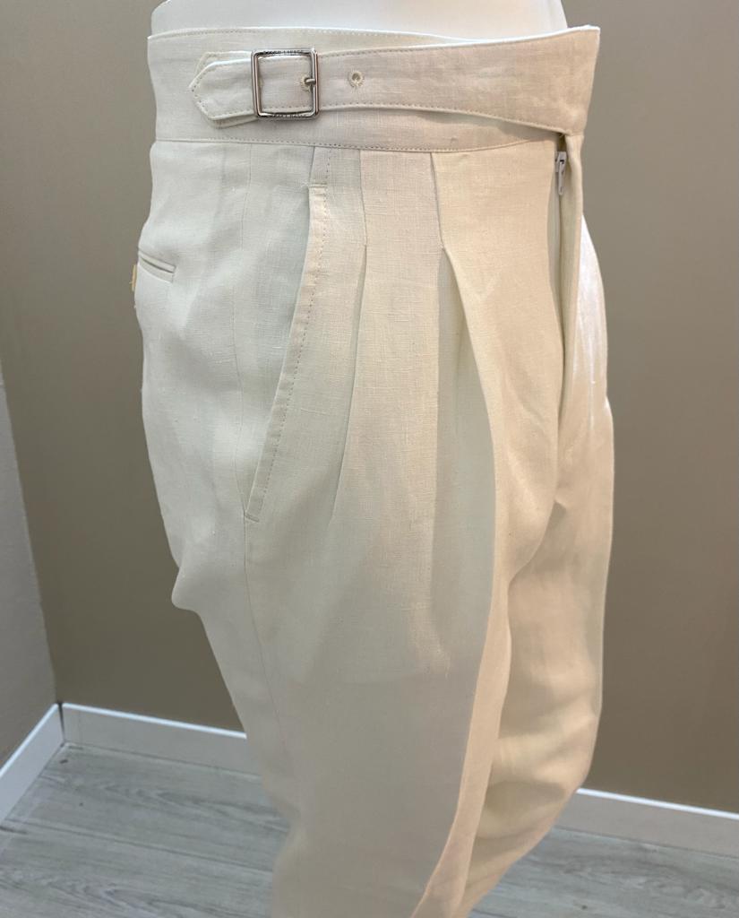 Natural double reverse pleat gurkha trousers - Solbiati linen