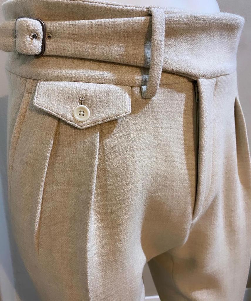 Cream double forward pleat gurkha flannel trousers- VBC