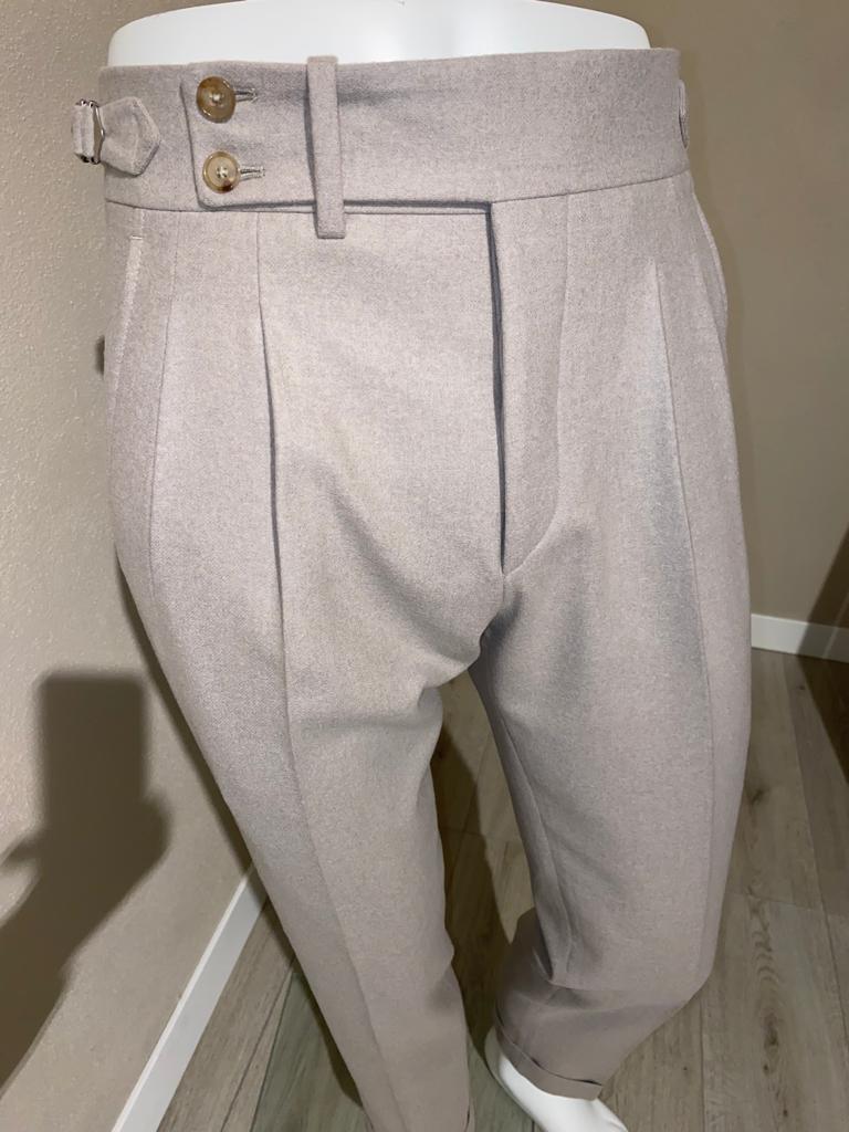 Pantalon crème laine flanelle double plis inversés