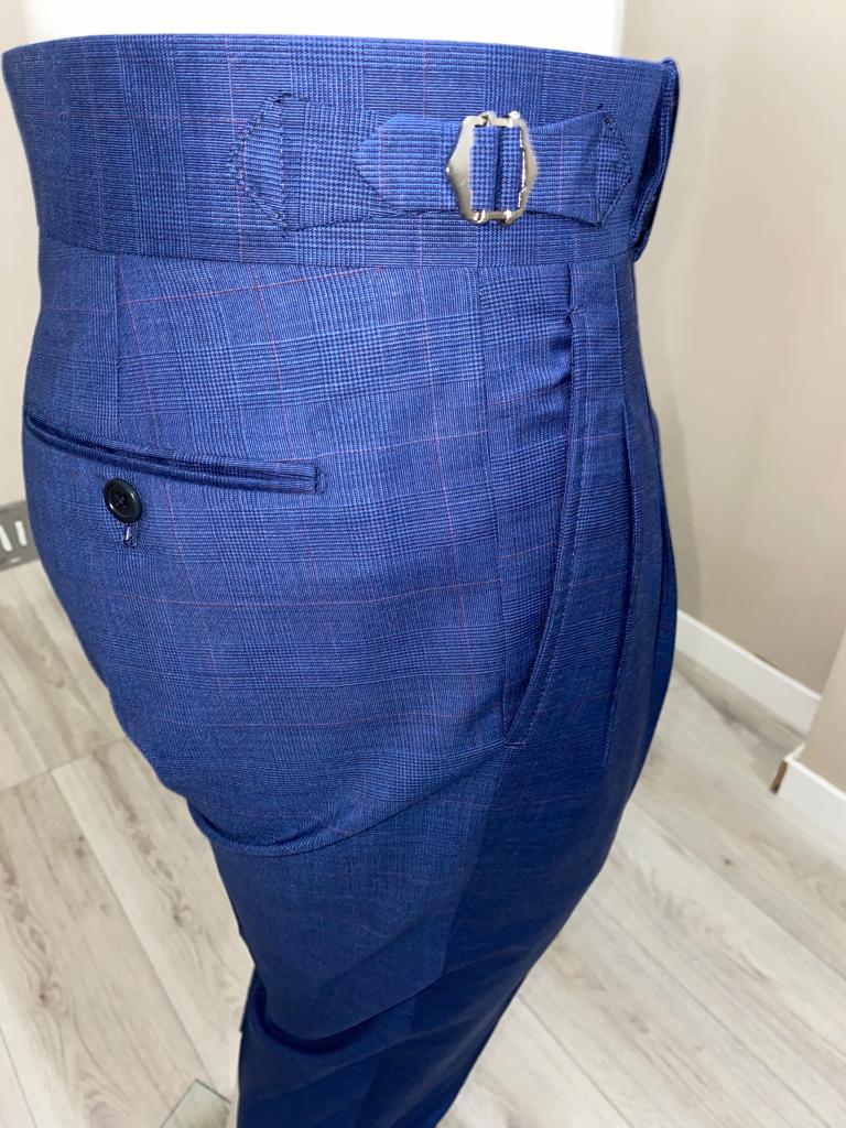 Pantalon en laine fresco à double bouton bleu marine prince de galles - VBC