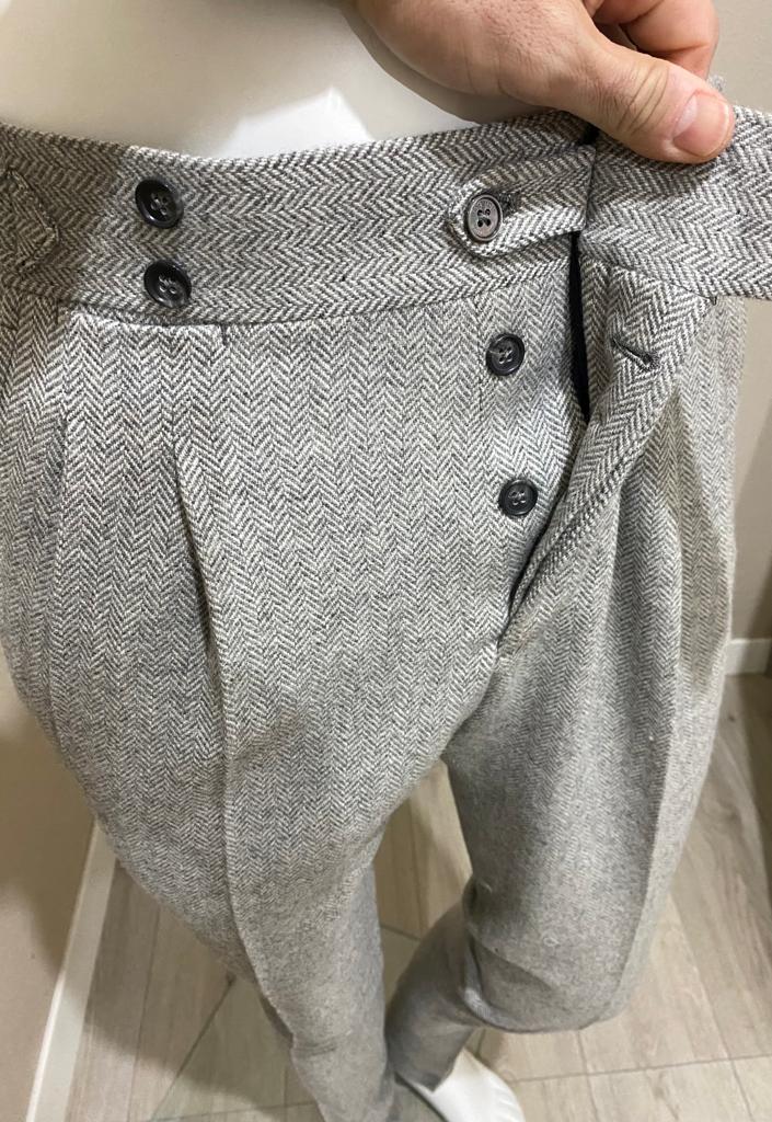 Gris herringbone Pantalon en laine flanelle double plis inversés   - VBC