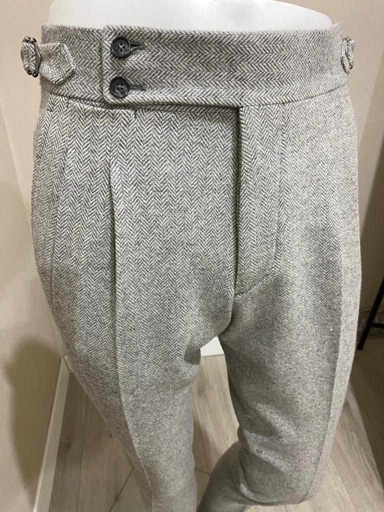 Gris herringbone Pantalon en laine flanelle double plis inversés   - VBC