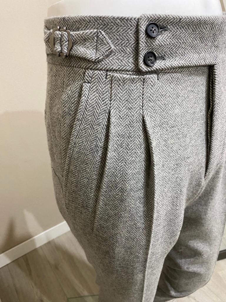 Gris herringbone Pantalon en laine flanelle double plis inversés   - VBC