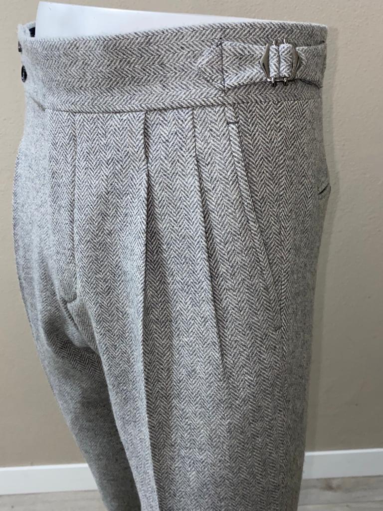 Gris herringbone Pantalon en laine flanelle double plis inversés   - VBC