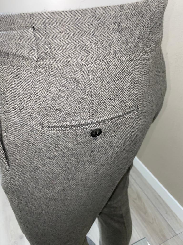Gris herringbone Pantalon en laine flanelle double plis inversés   - VBC