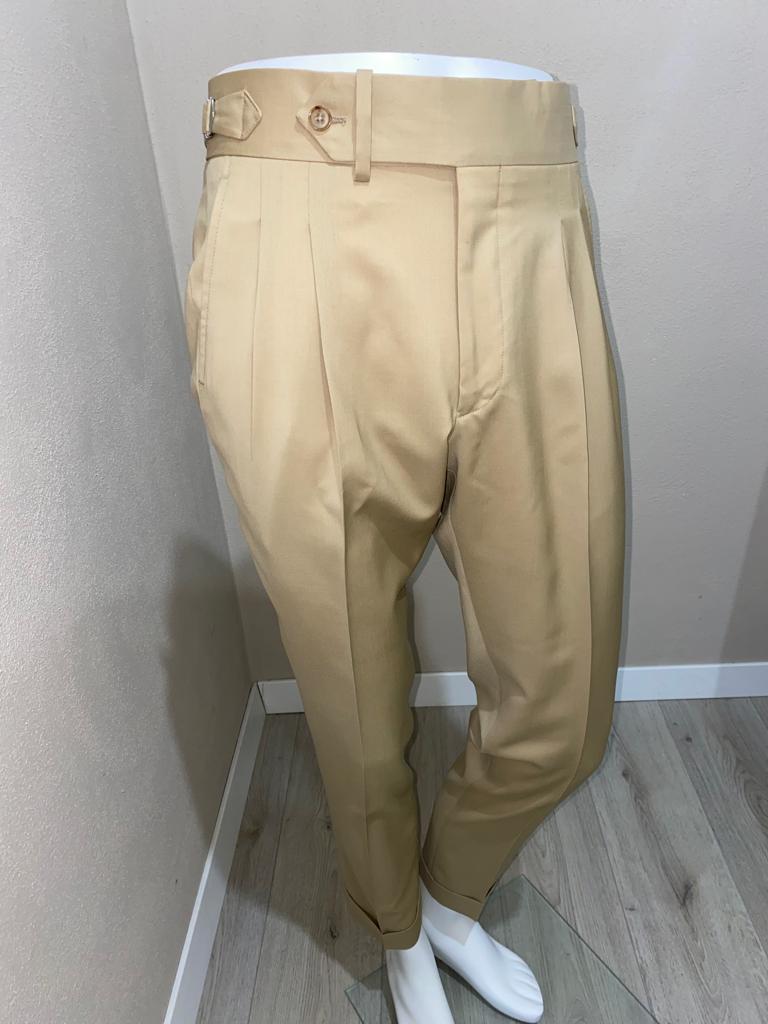 Pantaloni beige in fresco di lana con doppia pinces verso l'esterno - VBC