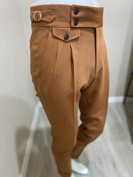 Pantalon en laine fresco marron à double pli inversé et ceinture à double bouton -Ariston