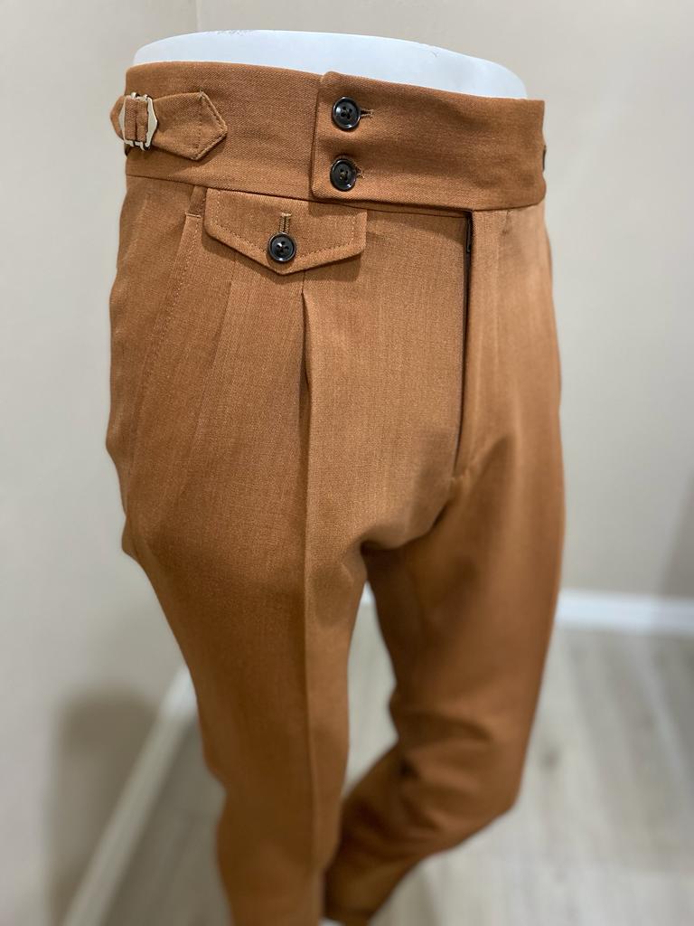 Pantalon en laine fresco marron à double pli inversé et ceinture à double bouton -Ariston