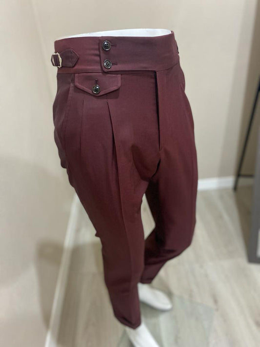 Bordeaux double reverse pleat double button waistband fresco wool trousers -Ariston