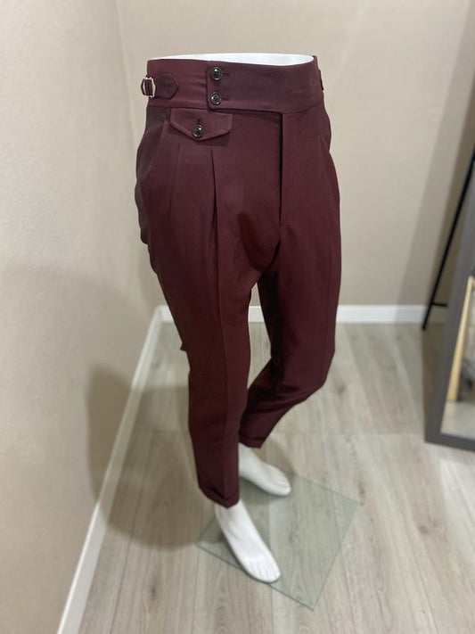 Bordeaux double reverse pleat double button waistband fresco wool trousers -Ariston