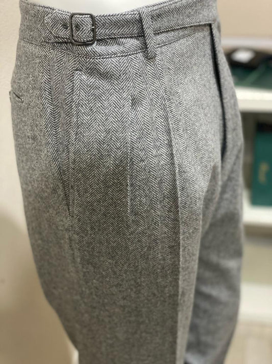 Pantaloni spina di pesce in flanella gurkha con doppia pinces color grigio - VBC