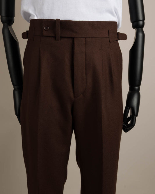 Dark brown double reverse pleat flannel wool trousers - VBC