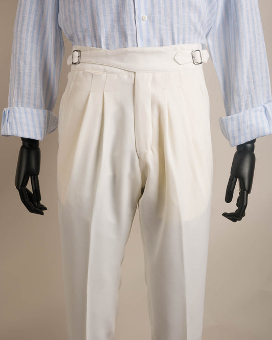 Navy double forward pleat split waistband trousers