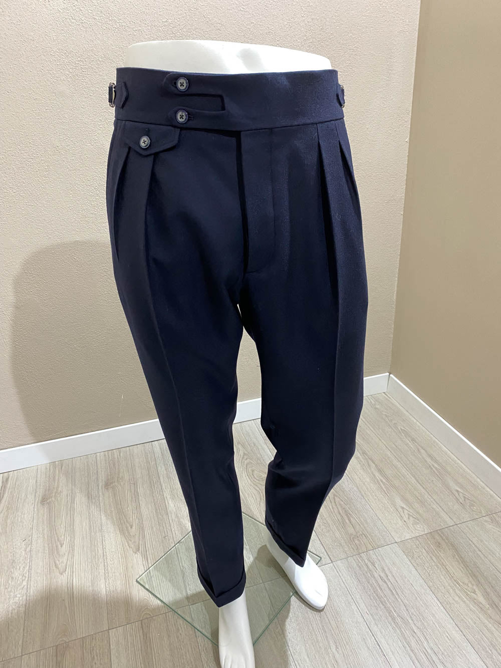 Navy double forward pleat split waistband trousers