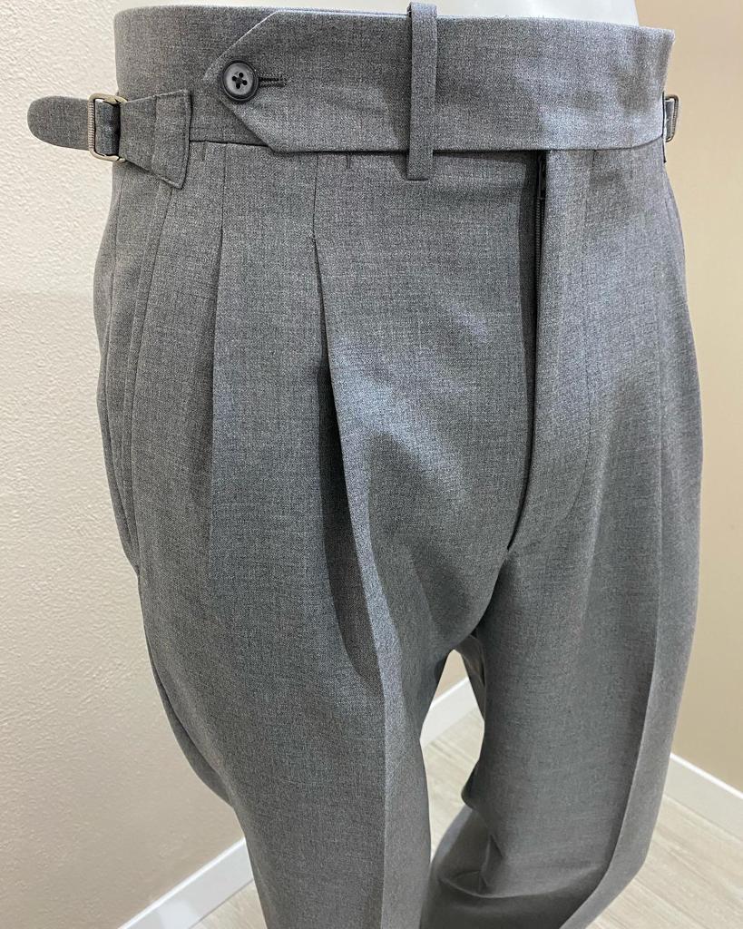 Pantalon en laine fresco gris taille haute à double plis inversés -VBC