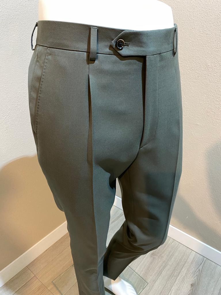 Pantalon en laine 130's fresco vert foncé à plis inversés - Ariston