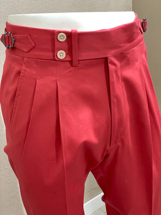 Red double reverse pleat double button extended waistband cotton trousers - Manteco