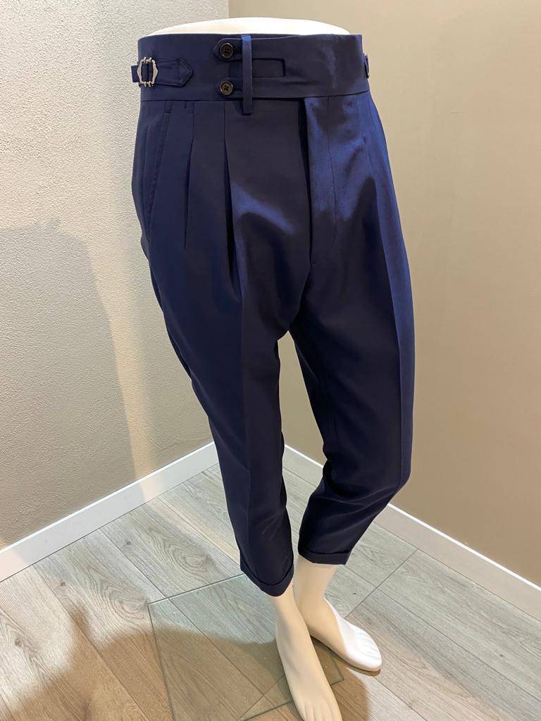 Pantalon en laine fresco bleu marine à double plis inversés - Ariston