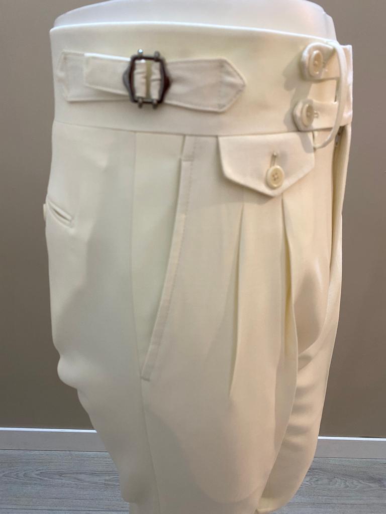 Cream double reverse pleat split waistband fresco wool trousers -VBC