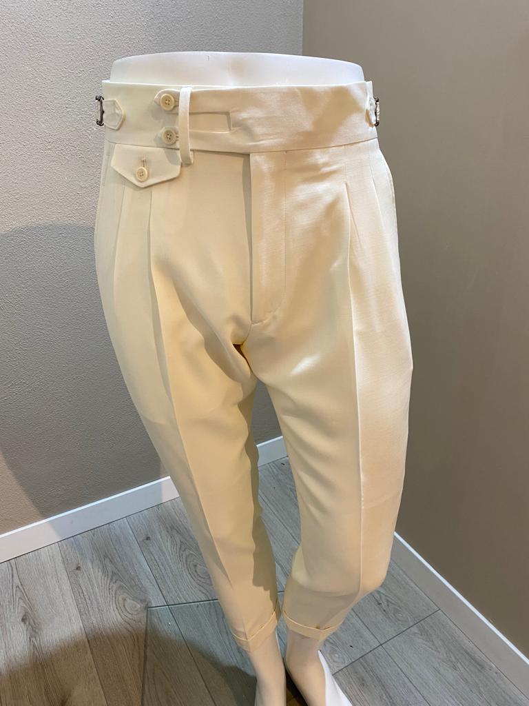 Pantalon en laine fresco crème à double plis inversés et taille fendue -VBC