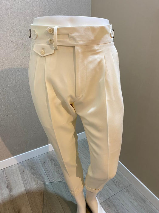 Cream double reverse pleat split waistband fresco wool trousers -VBC