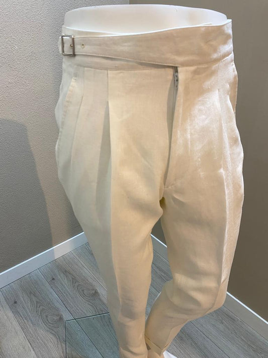 Natural double reverse pleat gurkha trousers - Solbiati linen