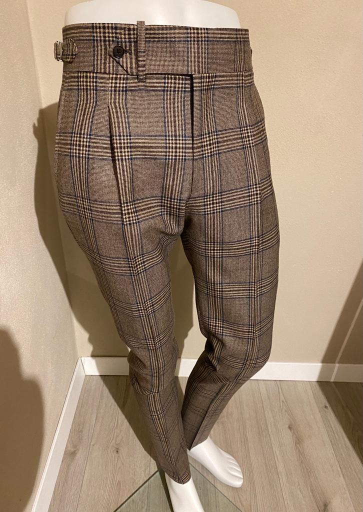 Prince de Galles Pantalon en laine fresco à taille allongée à plis inversés - VBC