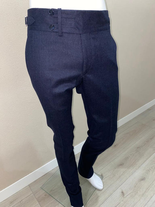 Pantaloni in lana flanella blu navy cintura divisa con doppoi bottone - VBC