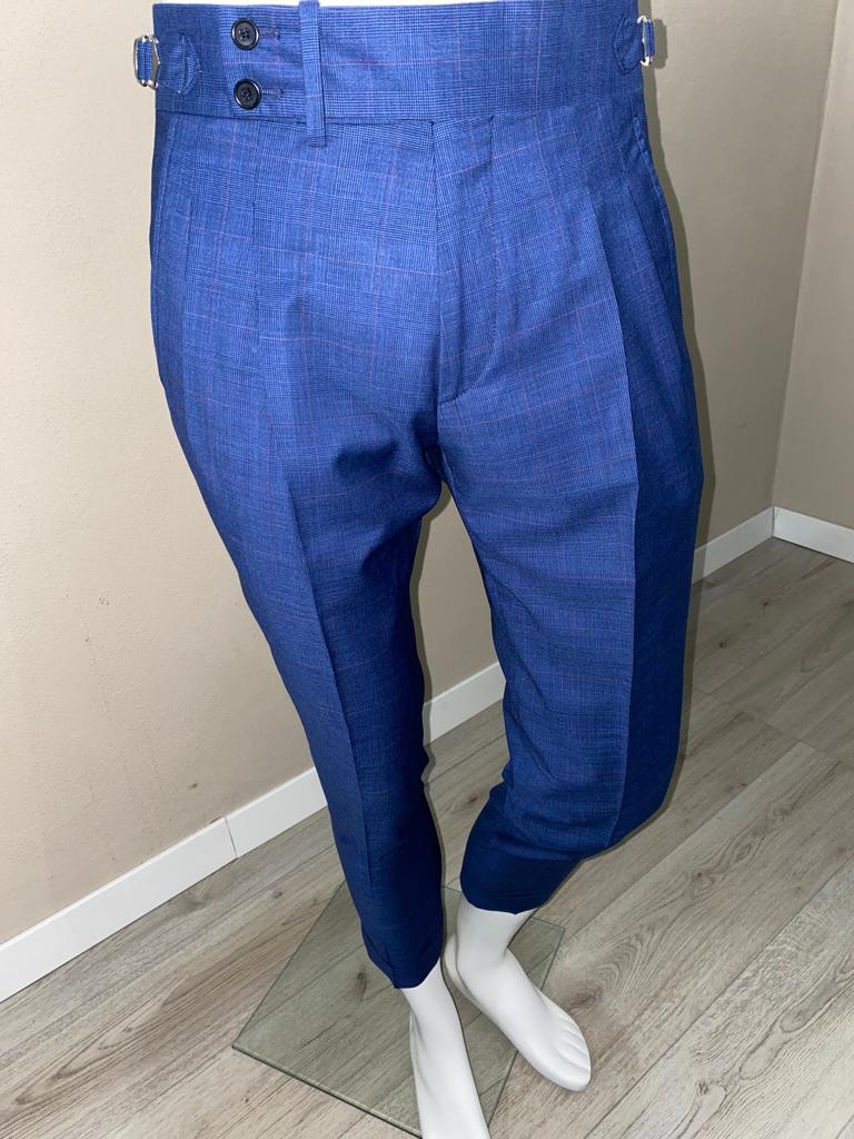 Pantalone in lana fresco principe di galles blu navy con doppio bottone esteso - VBC