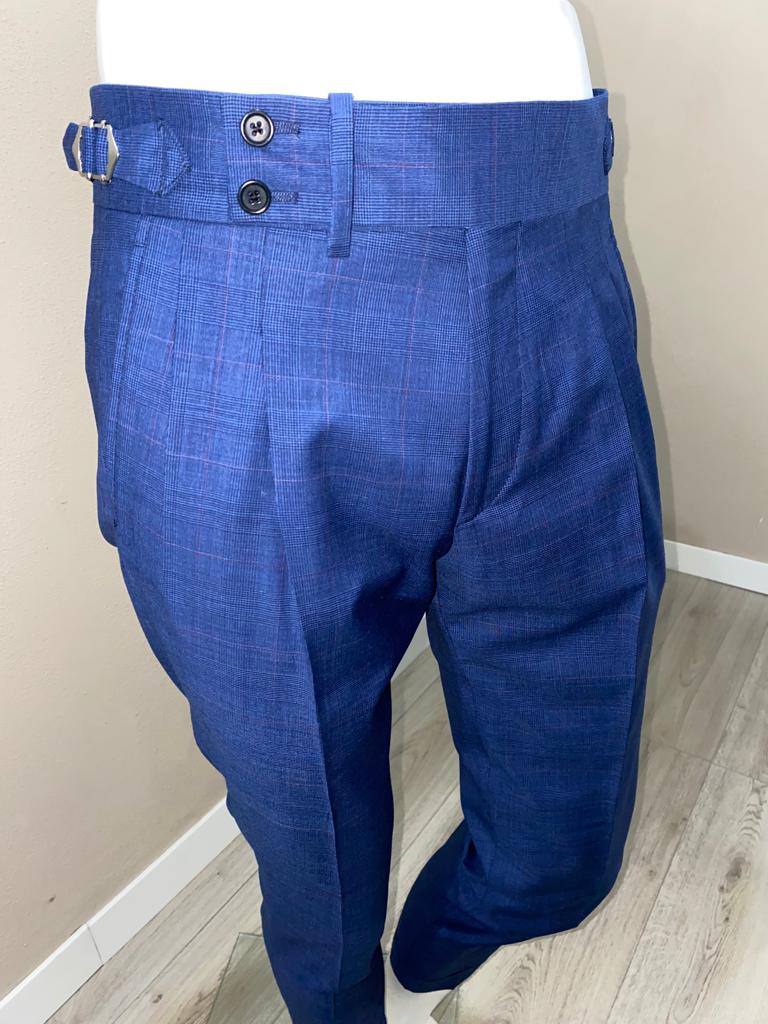 Pantalone in lana fresco principe di galles blu navy con doppio bottone esteso - VBC