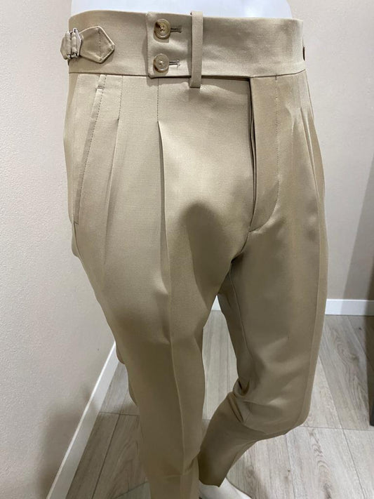 Pantaloni beige in fresco di lana con doppia pinces verso l'esterno - VBC