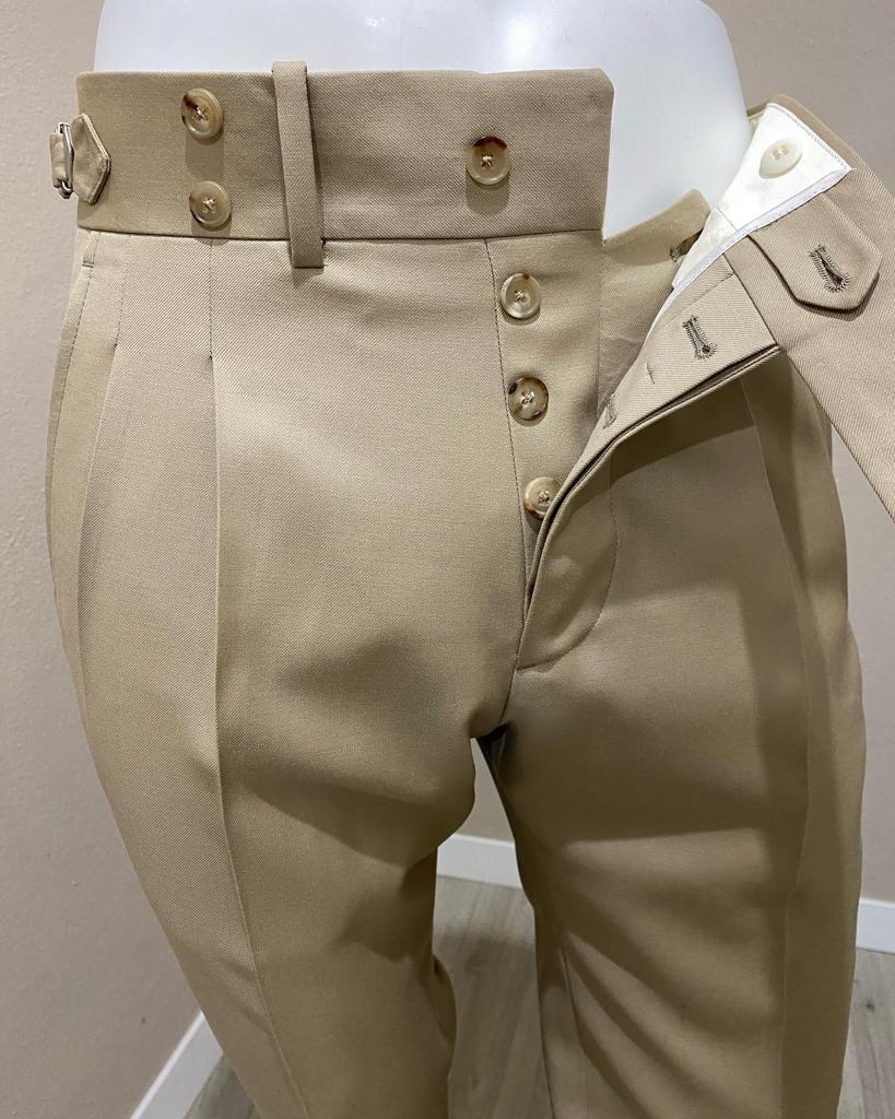 Pantalon beige en laine fresco double plis inversés Stone - VBC